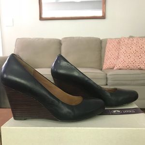 Clarks Purity Crystal Black Leather Wedge Heels